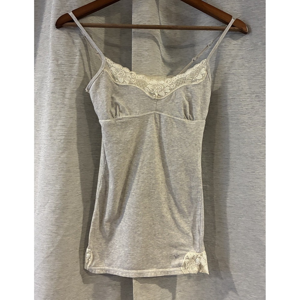 American Eagle Blue Lace Cami Tank Top Small Preppy Gray V-Neck Camisole